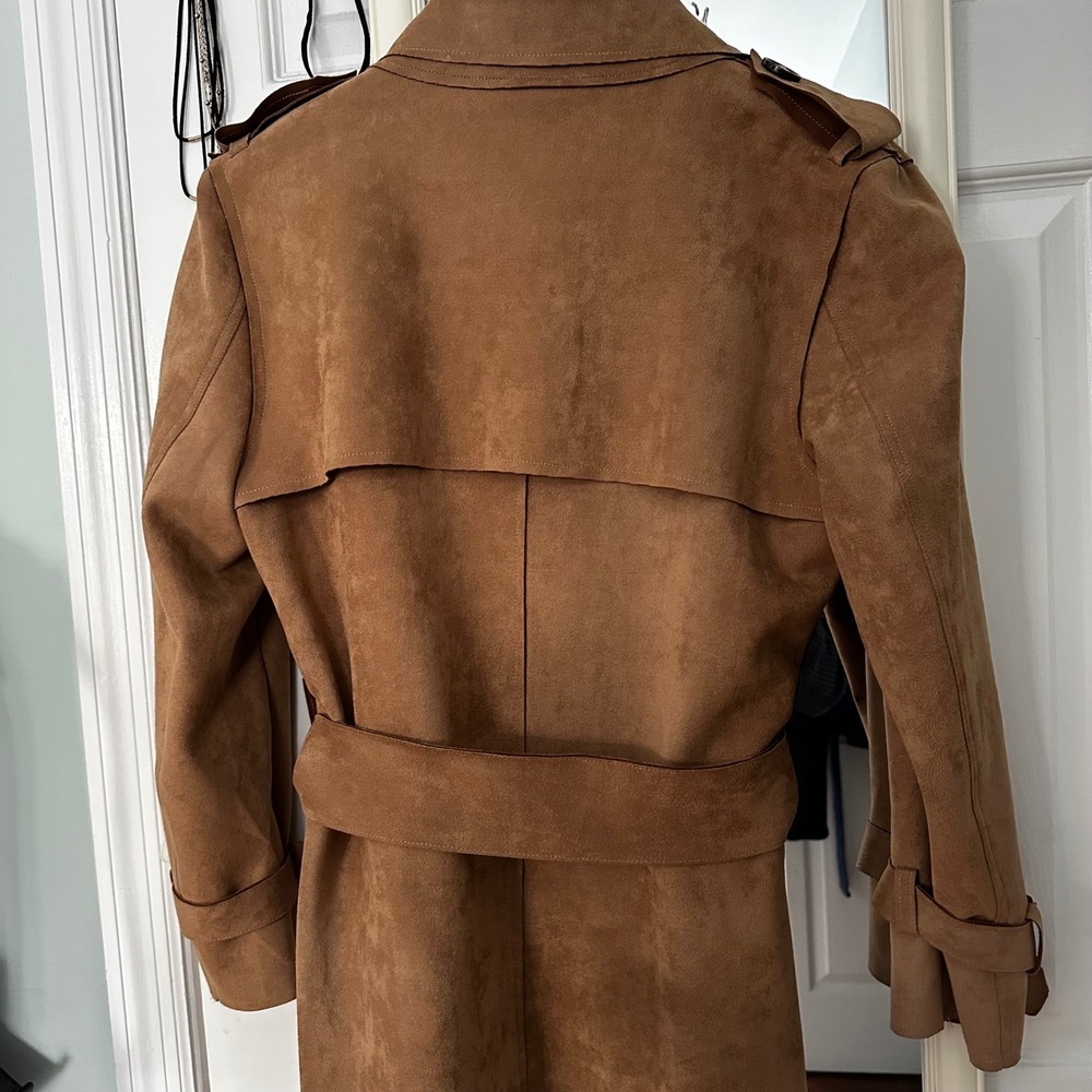 Women's Camel Faux Suede Belted Trench Coat Waterfall Collar - Picture 7 of 8